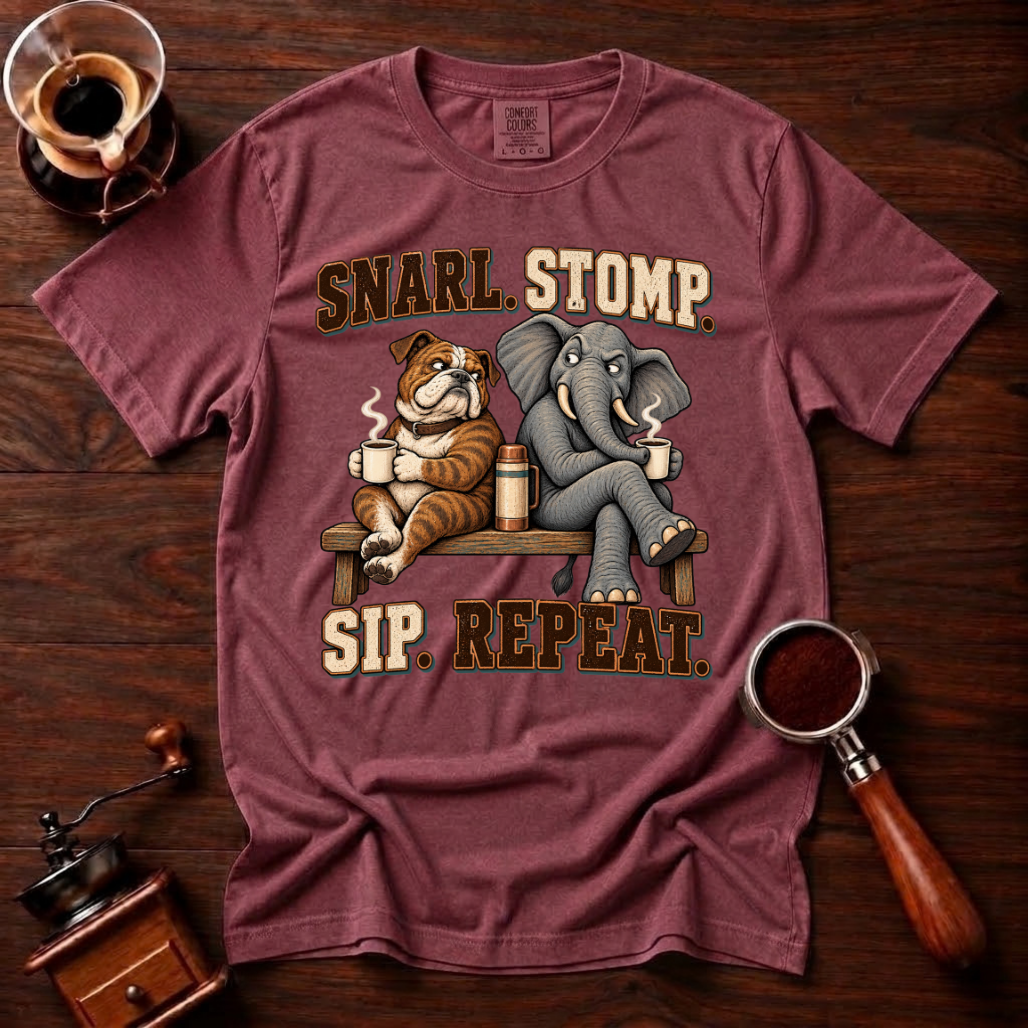 Snarl Stomp Sip Repeat Shirt, Funny Bulldog and Elephant Coffee Tee, House Divided Football Shirt, Rivalry Gift, Garment Dyed T-Shirt