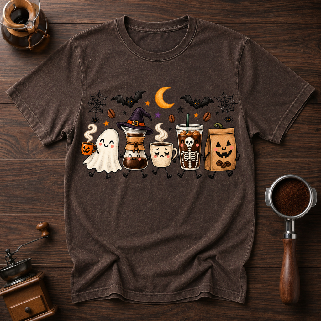 Boo Coffee Lineup Shirt, Cute Halloween Coffee Tee, Ghost Latte Shirt, Spooky Season Coffee Lover Gift, Garment Dyed Fall T-Shirt