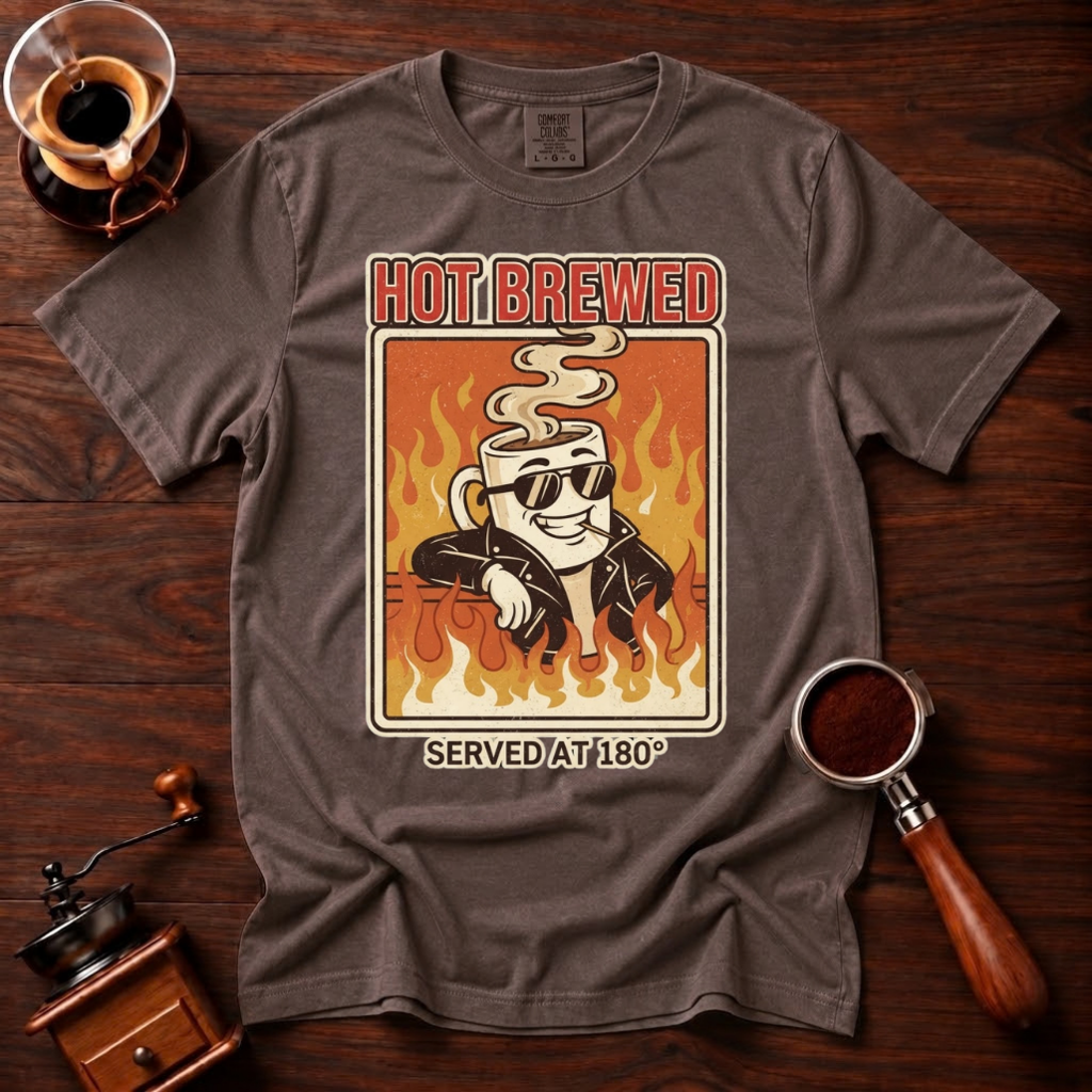 Hot Brewed Shirt, Retro Greaser Coffee Tee, Funny 70s Rock Coffee Shirt, Hot Coffee Lover Gift, Flame Rockabilly Garment Dyed T-Shirt