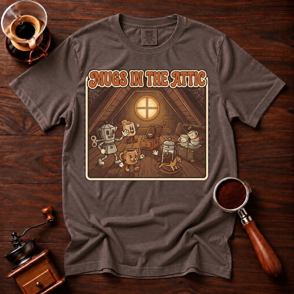 Mugs in the Attic Shirt, Funny Retro Coffee Tee, Bookish Coffee Lover Gift, Vintage Cartoon Mug Shirt, 80s Book Parody, Garment Dyed Tee