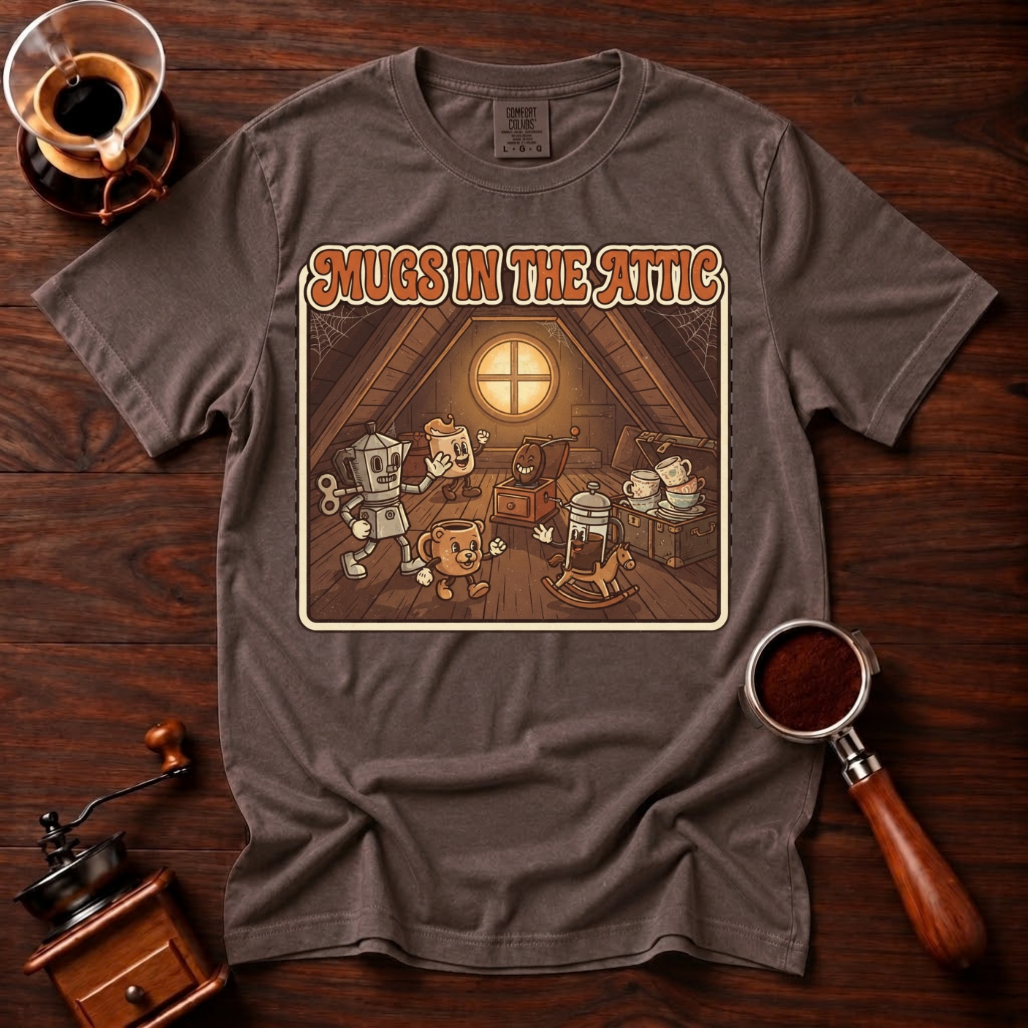 Mugs in the Attic Shirt, Funny Retro Coffee Tee, Bookish Coffee Lover Gift, Vintage Cartoon Mug Shirt, 80s Book Parody, Garment Dyed Tee