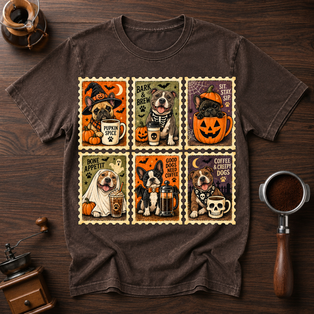 Coffee and Creepy Dogs Shirt, Vintage Halloween Dog Stamp Tee, Dog Mom Coffee Lover Gift, Spooky Dog Costume Shirt, Garment Dyed T-Shirt