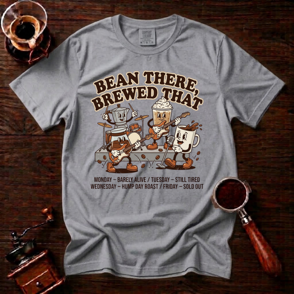 Bean There Brewed That Shirt, Funny Coffee Band Tee, Retro Cartoon Coffee Tour Shirt, Coffee Pun Gift, Vintage Garment Dyed T-Shirt