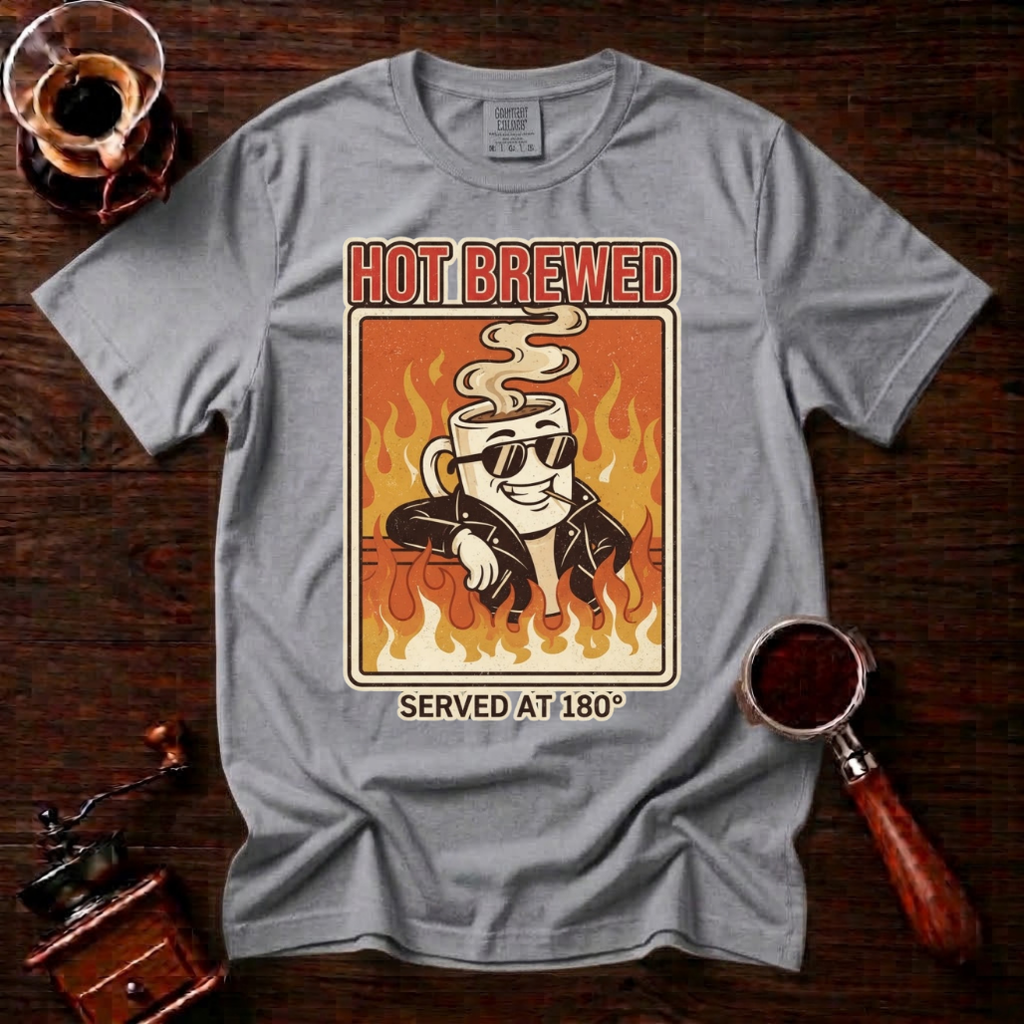 Hot Brewed Shirt, Retro Greaser Coffee Tee, Funny 70s Rock Coffee Shirt, Hot Coffee Lover Gift, Flame Rockabilly Garment Dyed T-Shirt