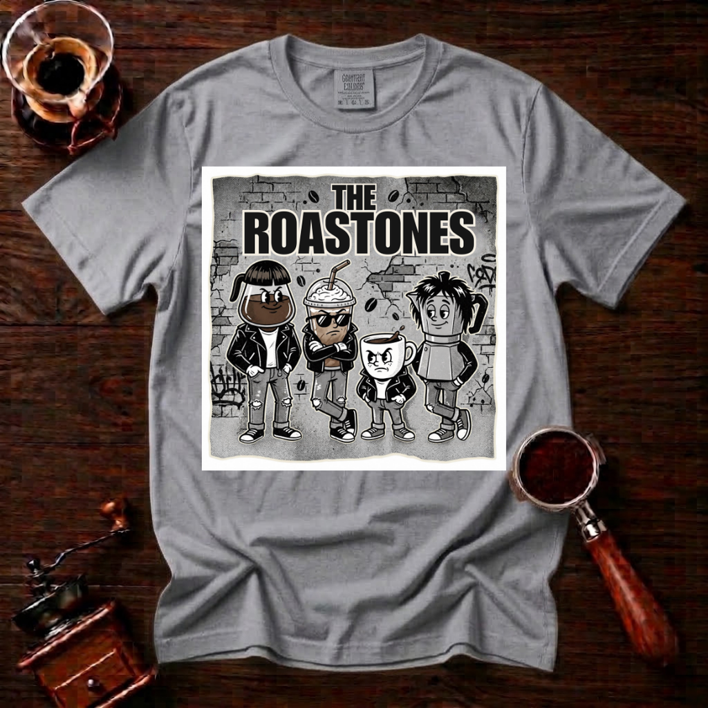 The Roastones Shirt, Funny Coffee Band Tee, Retro Punk Rock Coffee Shirt, 70s Punk Parody, Coffee Lover Gift, Garment Dyed T-Shirt