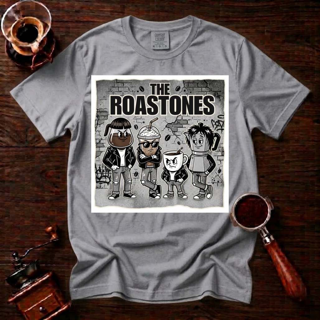 The Roastones Shirt, Funny Coffee Band Tee, Retro Punk Rock Coffee Shirt, 70s Punk Parody, Coffee Lover Gift, Garment Dyed T-Shirt