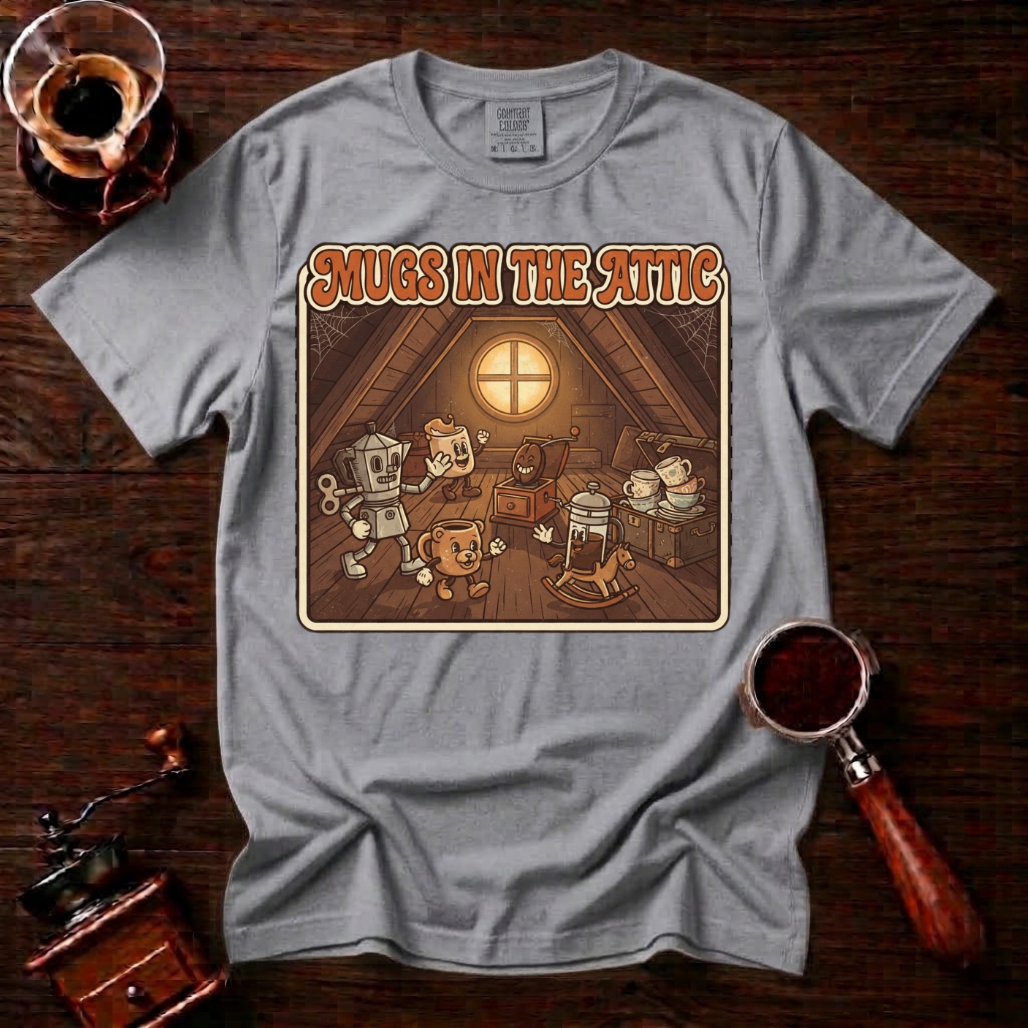 Mugs in the Attic Shirt, Funny Retro Coffee Tee, Bookish Coffee Lover Gift, Vintage Cartoon Mug Shirt, 80s Book Parody, Garment Dyed Tee