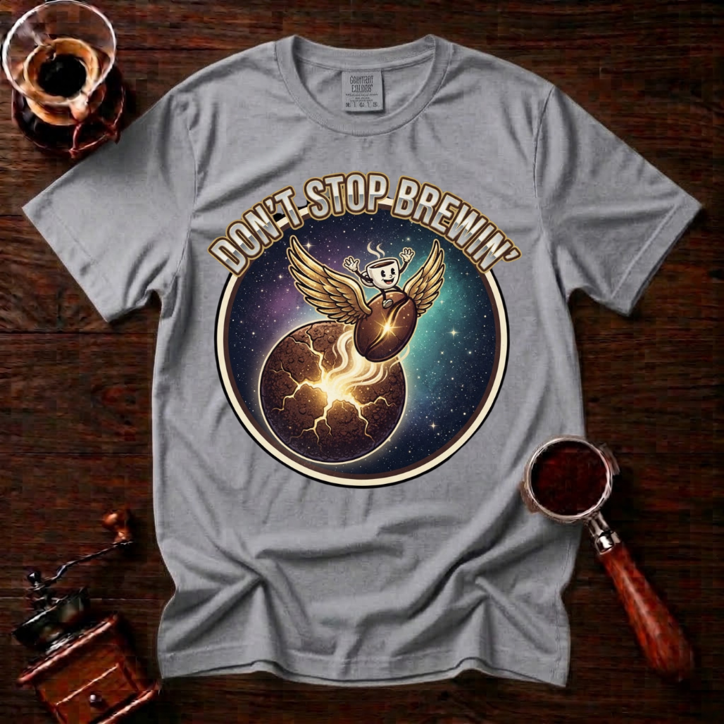 Don’t Stop Brewin’ Shirt, Retro 80s Space Rock Coffee Tee, Cosmic Coffee Shirt, Classic Rock Coffee Lover Gift, Vintage Garment Dyed Tee