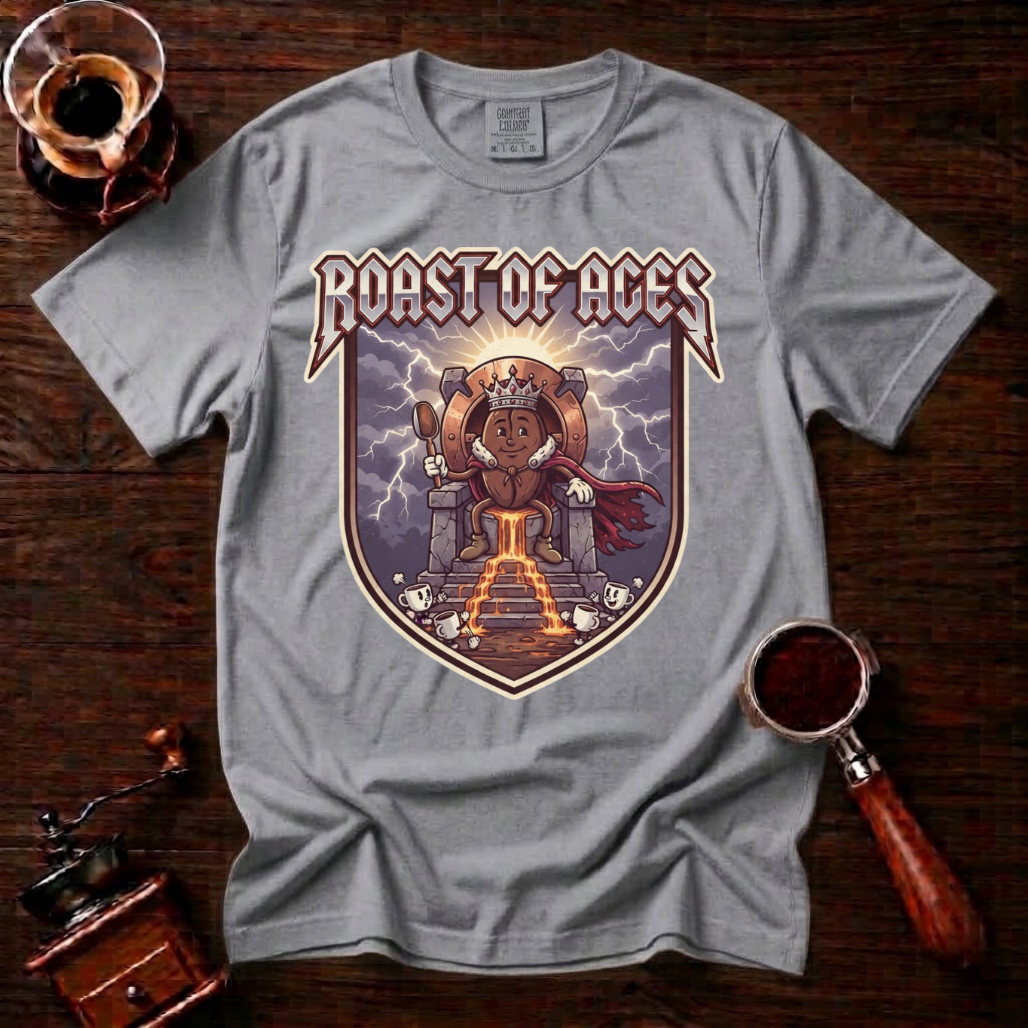 Roast of Ages Shirt, Funny Heavy Metal Coffee Tee, 80s Metal Band Parody Shirt, Rocker Coffee Lover Gift, Vintage Garment Dyed T-Shirt