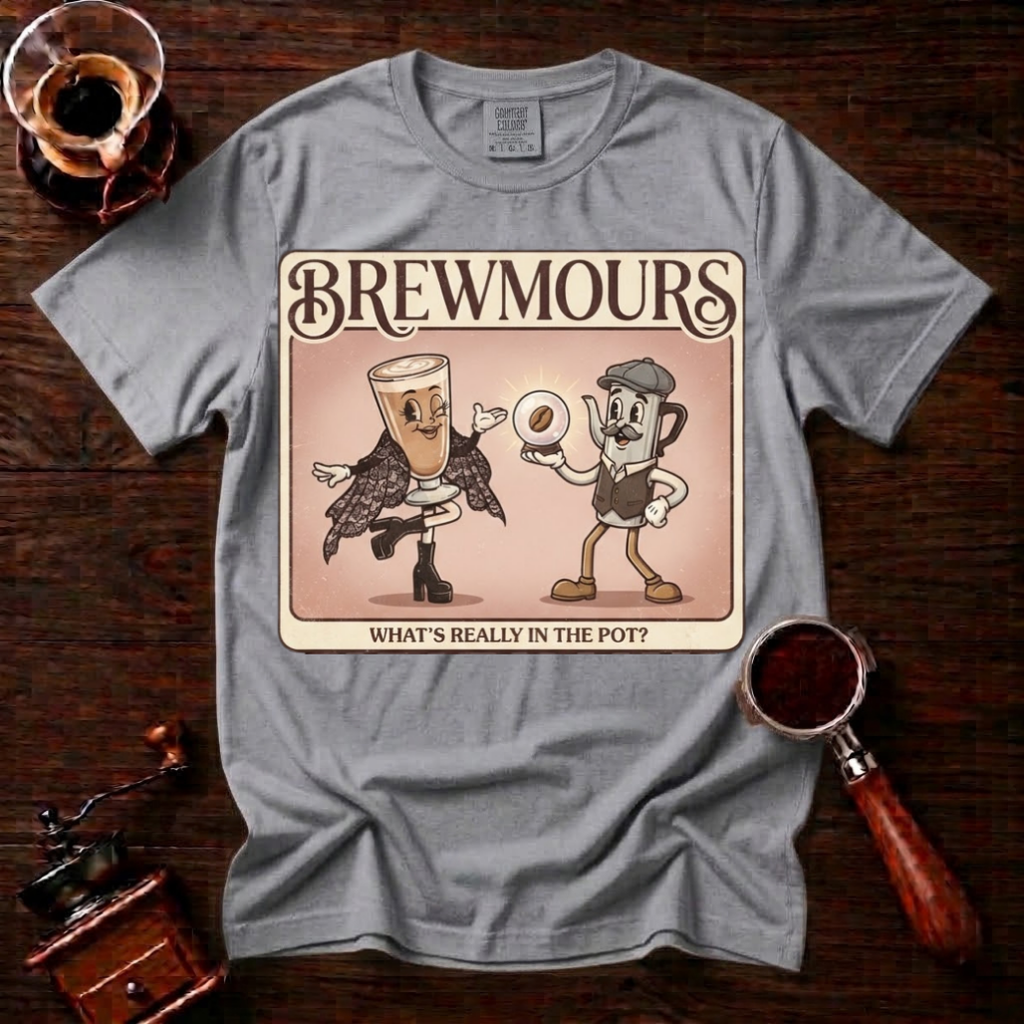 Brewmours Shirt, Retro 70s Coffee Tee, Vintage Soft Rock Album Parody Shirt, Coffee Gossip Gift, Funny Coffee Lover Garment Dyed Tee