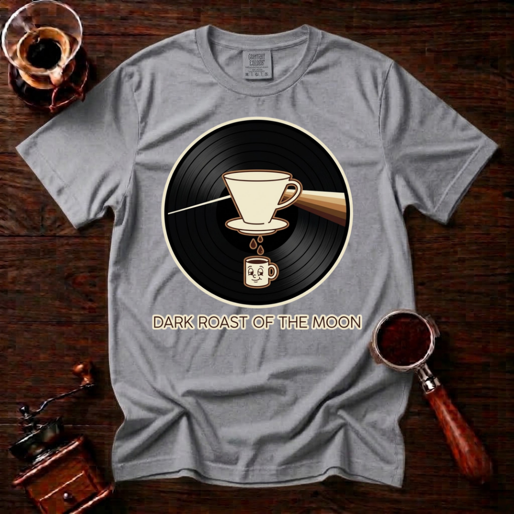 Dark Roast of the Moon Shirt, Pour Over Coffee Tee, 70s Classic Rock Coffee Shirt, Vinyl Record Coffee Lover Gift, Garment Dyed T-Shirt