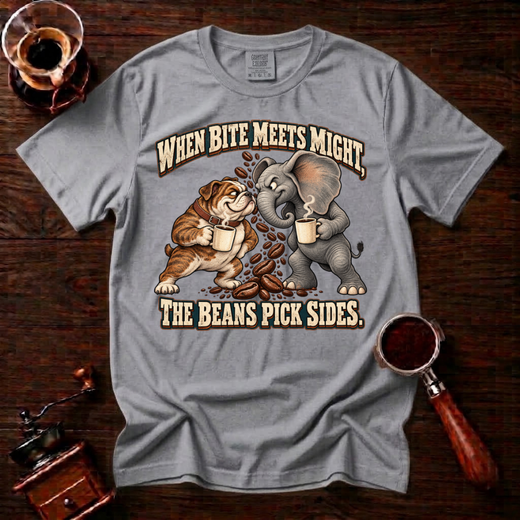 When Bite Meets Might Shirt, Funny Bulldog vs Elephant Coffee Tee, Football Rivalry Shirt, House Divided Gift, Garment Dyed T-Shirt