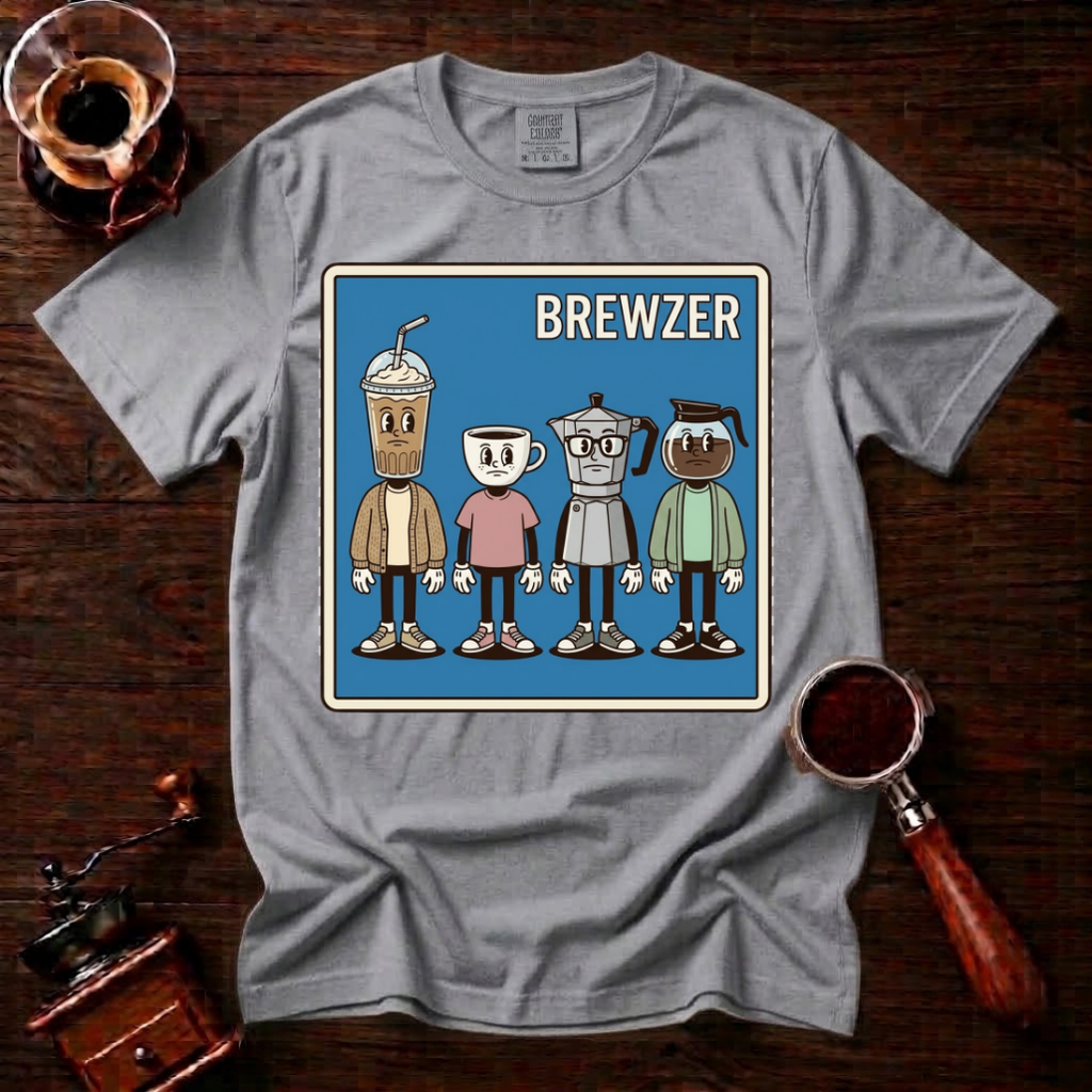 Brewzer Shirt, Nerdy Indie Coffee Tee, 90s Alt Rock Band Parody Shirt, Geeky Coffee Lover Gift, Retro Garment Dyed T-Shirt