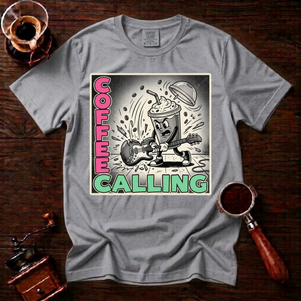 Coffee Calling Shirt, Funny Punk Rock Coffee Tee, Retro Punk Album Parody Shirt, Rock and Roll Coffee Lover Gift, Garment Dyed T-Shirt
