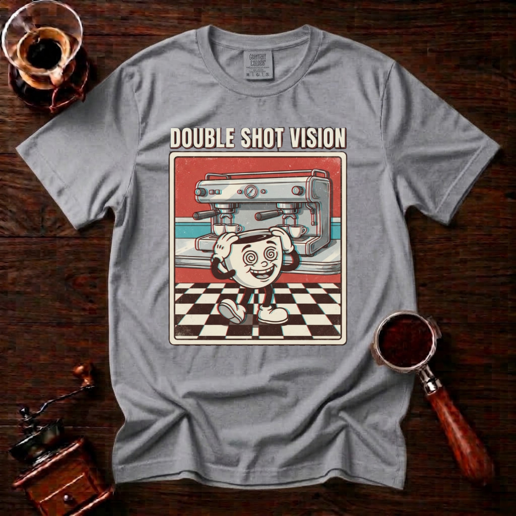 Double Shot Vision Shirt, Retro Cartoon Coffee Tee, Funny Espresso Shirt, Rubber Hose Coffee Lover Gift, Barista Gift, Garment Dyed Tee