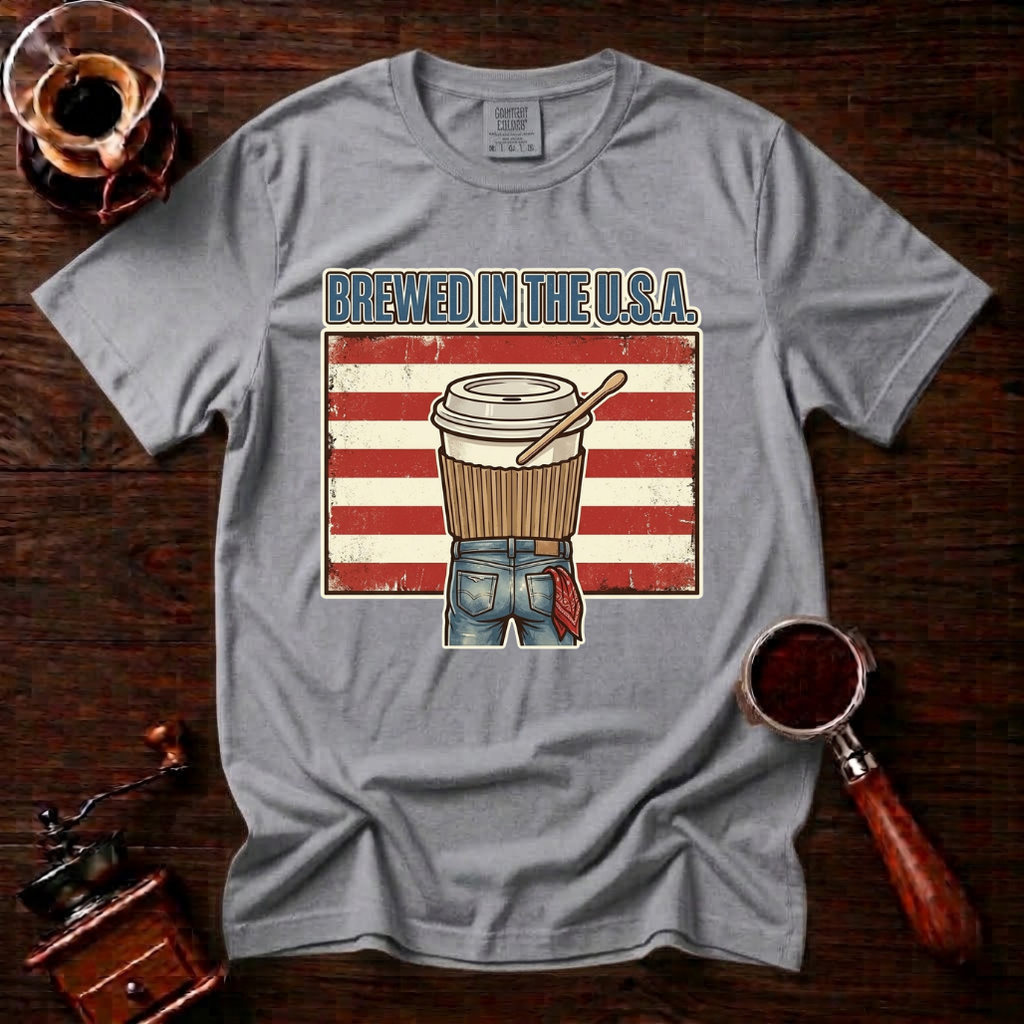 Brewed In The USA Shirt, Funny Patriotic Coffee Tee, 4th of July Coffee Shirt, American Flag Coffee Lover Gift, Retro Garment Dyed Tee