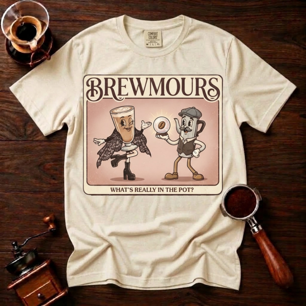 Brewmours Shirt, Retro 70s Coffee Tee, Vintage Soft Rock Album Parody Shirt, Coffee Gossip Gift, Funny Coffee Lover Garment Dyed Tee