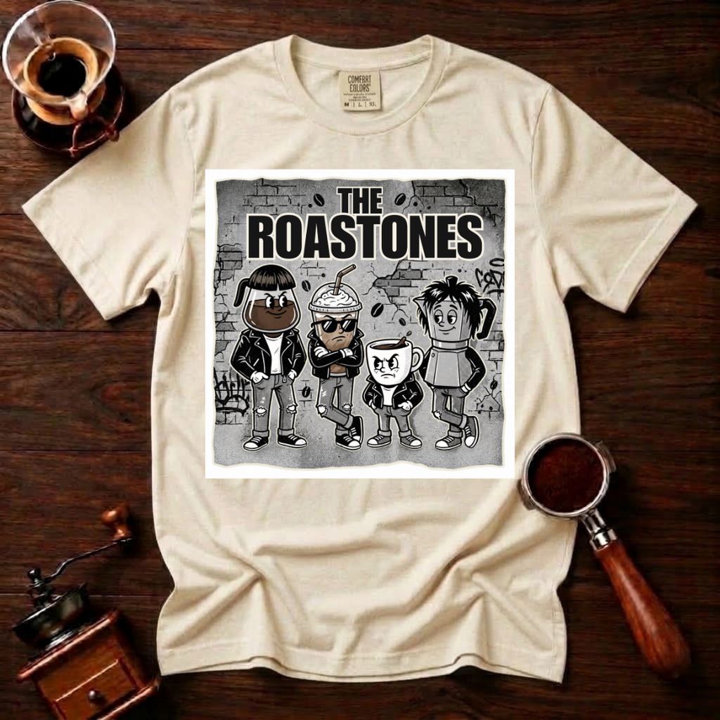 The Roastones Shirt, Funny Coffee Band Tee, Retro Punk Rock Coffee Shirt, 70s Punk Parody, Coffee Lover Gift, Garment Dyed T-Shirt