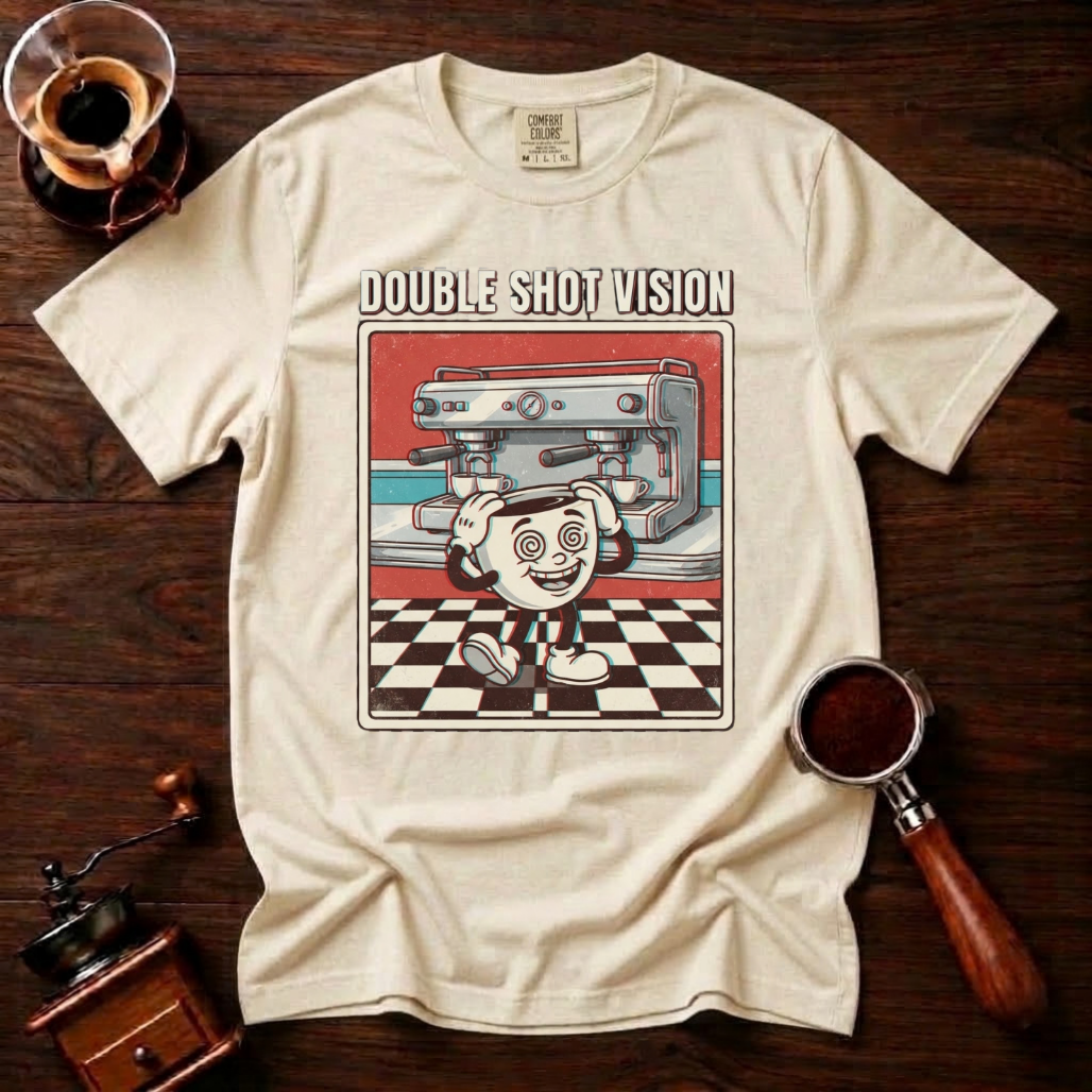 Double Shot Vision Shirt, Retro Cartoon Coffee Tee, Funny Espresso Shirt, Rubber Hose Coffee Lover Gift, Barista Gift, Garment Dyed Tee