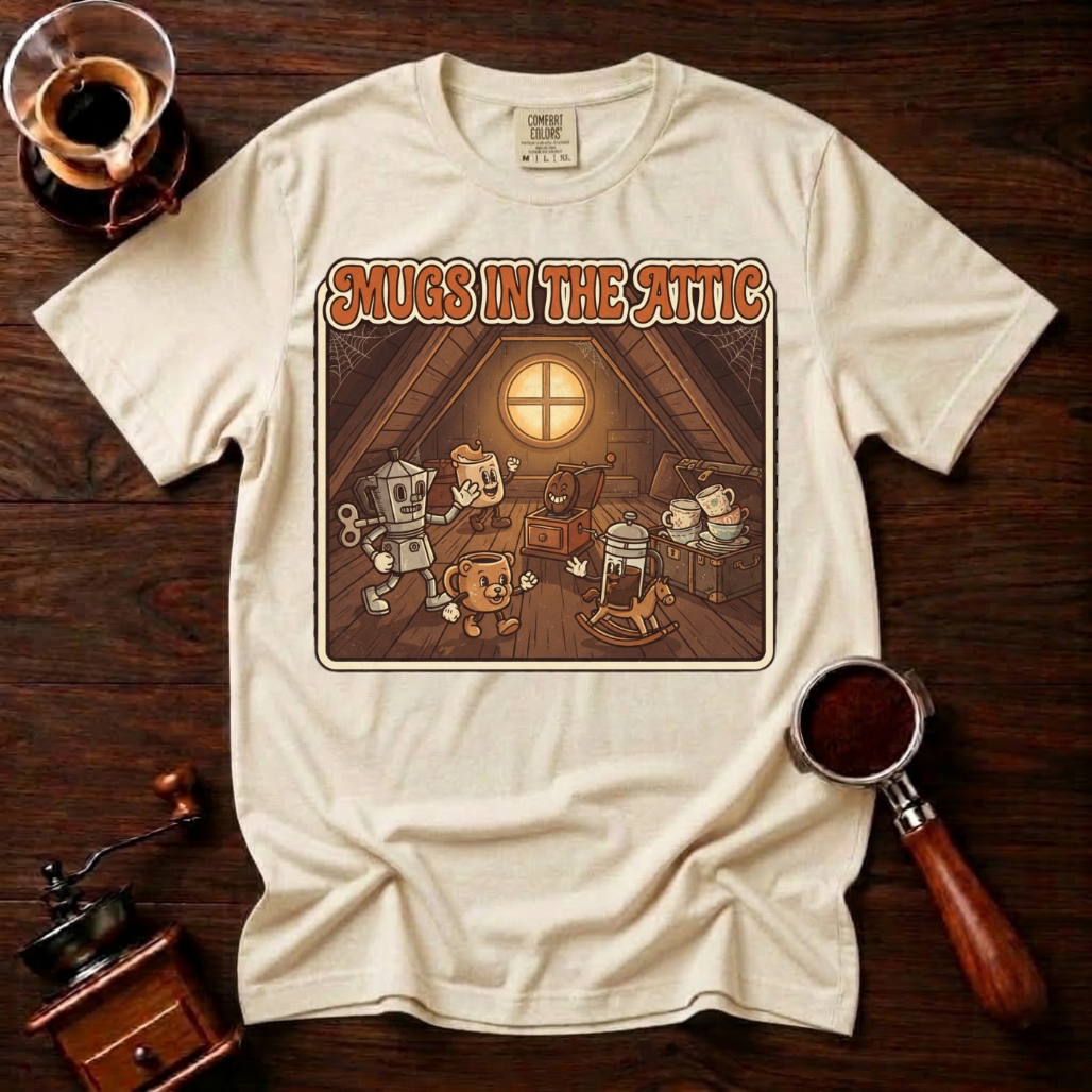 Mugs in the Attic Shirt, Funny Retro Coffee Tee, Bookish Coffee Lover Gift, Vintage Cartoon Mug Shirt, 80s Book Parody, Garment Dyed Tee