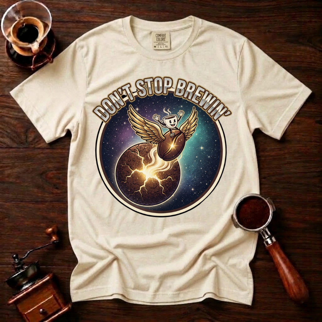 Don’t Stop Brewin’ Shirt, Retro 80s Space Rock Coffee Tee, Cosmic Coffee Shirt, Classic Rock Coffee Lover Gift, Vintage Garment Dyed Tee