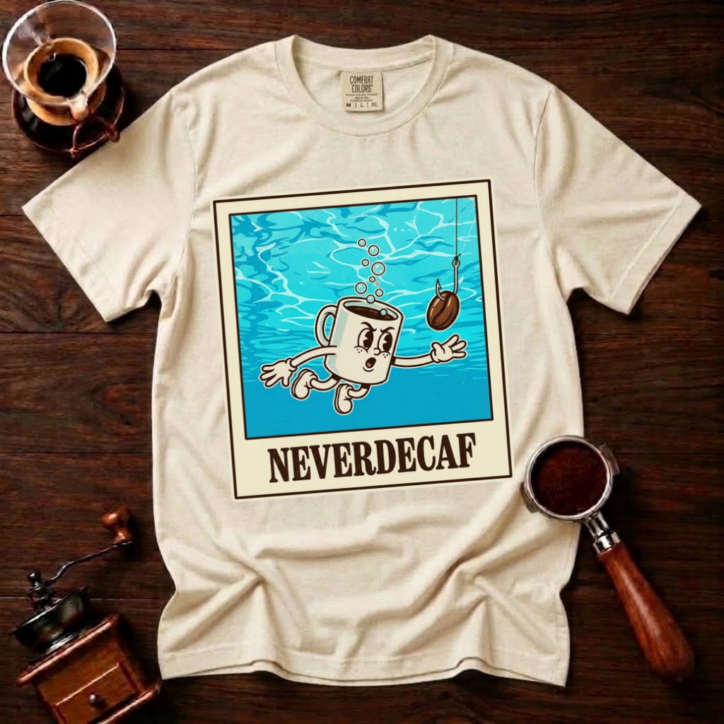 Neverdecaf Shirt, Funny 90s Grunge Coffee Tee, Retro Underwater Coffee Mug Shirt, Alt Rock Coffee Lover Gift, Garment Dyed T-Shirt