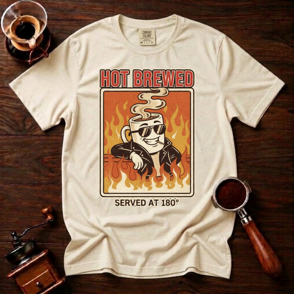 Hot Brewed Shirt, Retro Greaser Coffee Tee, Funny 70s Rock Coffee Shirt, Hot Coffee Lover Gift, Flame Rockabilly Garment Dyed T-Shirt