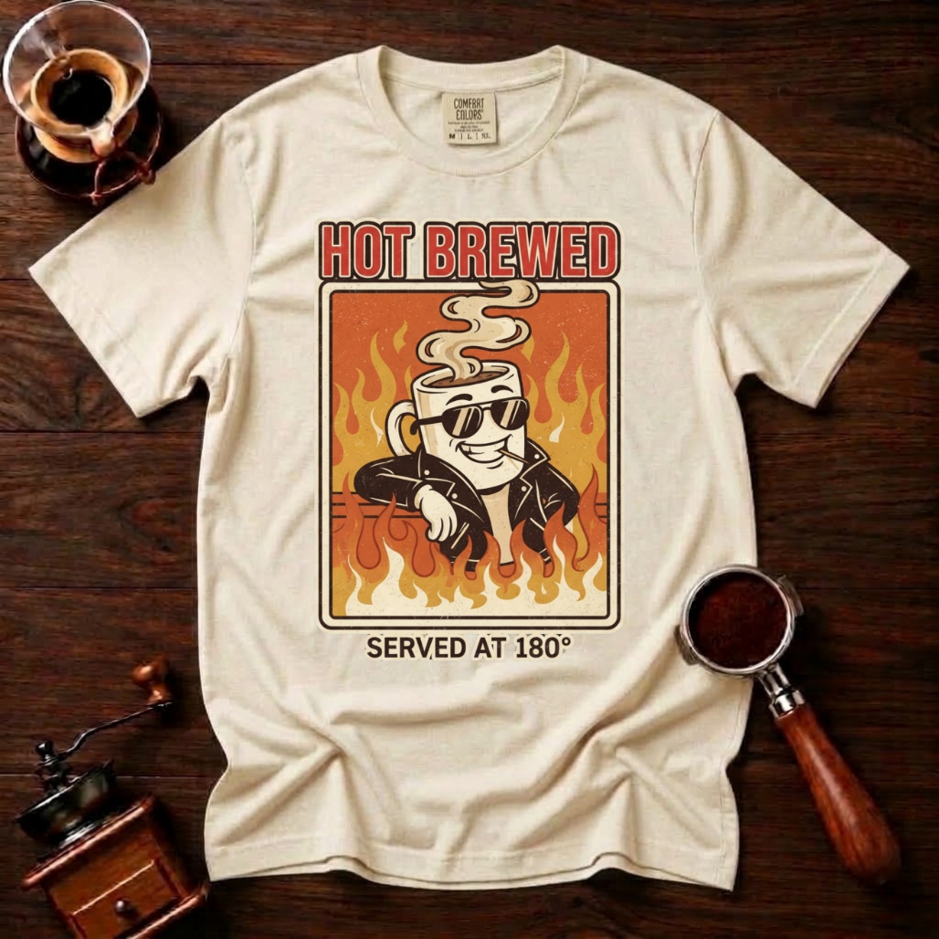 Hot Brewed Shirt, Retro Greaser Coffee Tee, Funny 70s Rock Coffee Shirt, Hot Coffee Lover Gift, Flame Rockabilly Garment Dyed T-Shirt