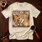 Cream On Shirt, Funny 70s Rock Coffee Tee, Retro Rock Star Coffee Mug Shirt, Classic Rock Coffee Lover Gift, Garment Dyed T-Shirt