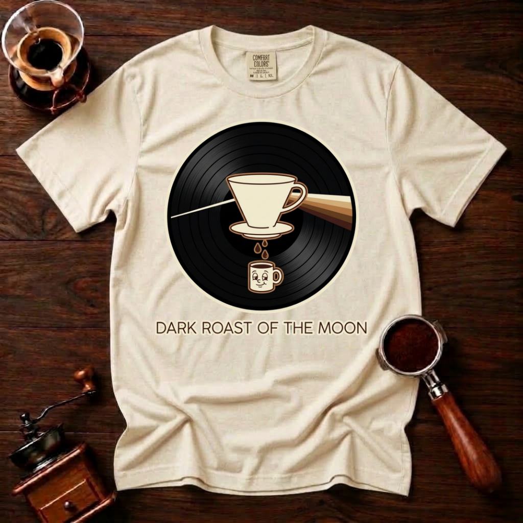 Dark Roast of the Moon Shirt, Pour Over Coffee Tee, 70s Classic Rock Coffee Shirt, Vinyl Record Coffee Lover Gift, Garment Dyed T-Shirt