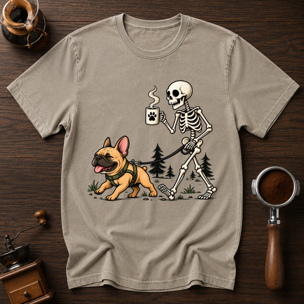 Walking With My Frenchie Shirt, Skeleton Dog Walk Tee, French Bulldog Mom Gift, Funny Coffee Skeleton, Garment Dyed Halloween T-Shirt