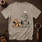 Walking With My Frenchie Shirt, Skeleton Dog Walk Tee, French Bulldog Mom Gift, Funny Coffee Skeleton, Garment Dyed Halloween T-Shirt
