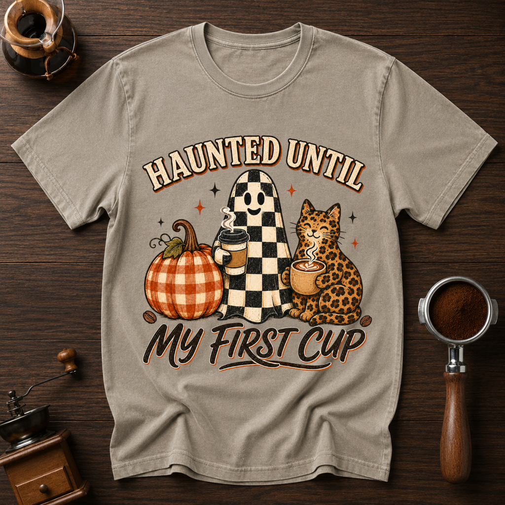 Haunted Until My First Cup Shirt, Retro Ghost Coffee Tee, Leopard Cat Halloween Shirt, Fall Coffee Lover Gift, Garment Dyed T-Shirt