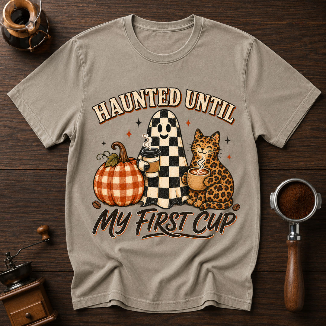 Haunted Until My First Cup Shirt, Retro Ghost Coffee Tee, Leopard Cat Halloween Shirt, Fall Coffee Lover Gift, Garment Dyed T-Shirt