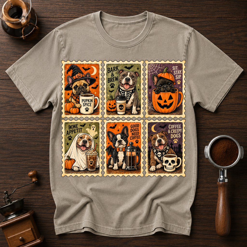 Coffee and Creepy Dogs Shirt, Vintage Halloween Dog Stamp Tee, Dog Mom Coffee Lover Gift, Spooky Dog Costume Shirt, Garment Dyed T-Shirt