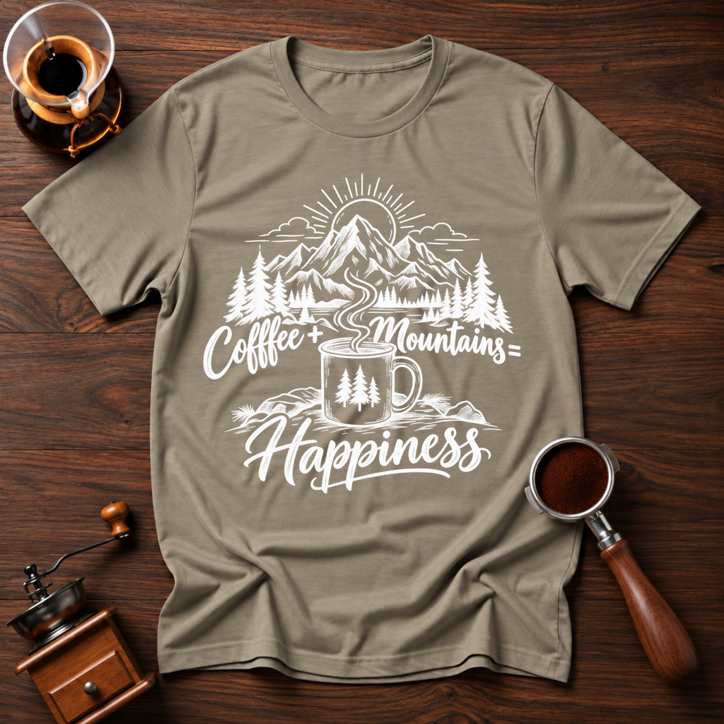 Coffee + Mountains = Happiness White Dyed T-shirt