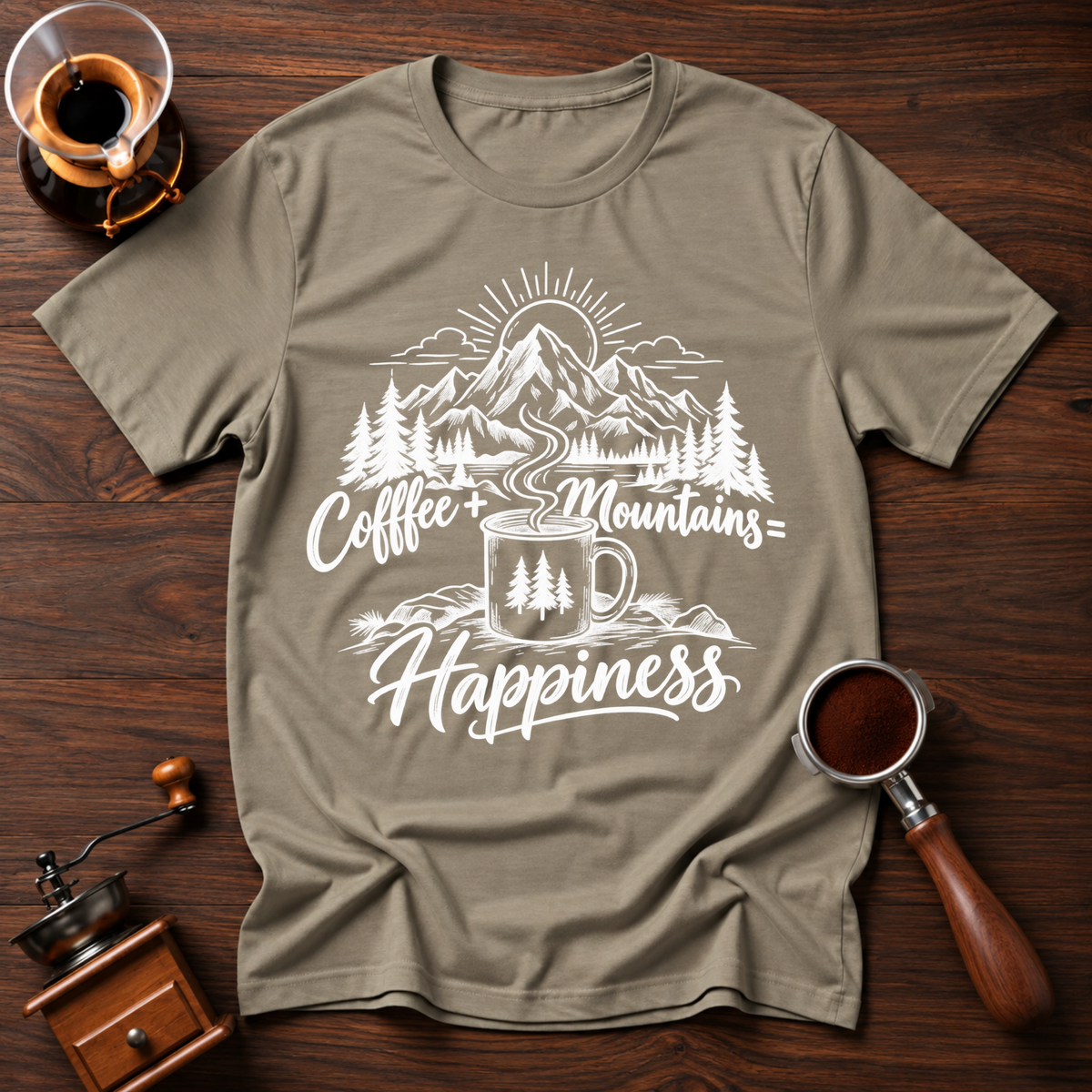 Coffee + Mountains = Happiness White Dyed T-shirt