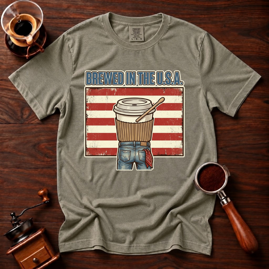 Brewed In The USA Shirt, Funny Patriotic Coffee Tee, 4th of July Coffee Shirt, American Flag Coffee Lover Gift, Retro Garment Dyed Tee