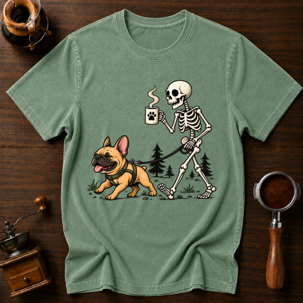 Walking With My Frenchie Shirt, Skeleton Dog Walk Tee, French Bulldog Mom Gift, Funny Coffee Skeleton, Garment Dyed Halloween T-Shirt