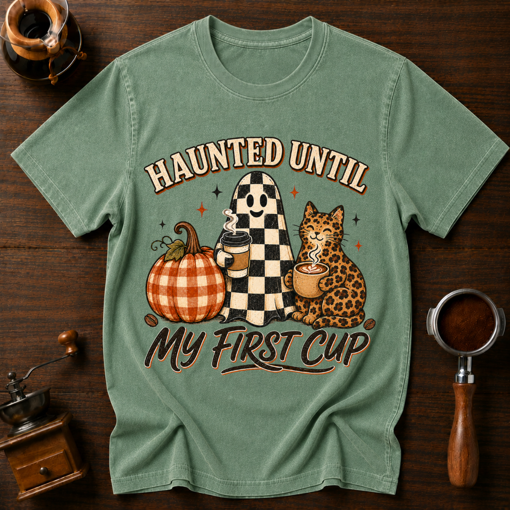 Haunted Until My First Cup Shirt, Retro Ghost Coffee Tee, Leopard Cat Halloween Shirt, Fall Coffee Lover Gift, Garment Dyed T-Shirt
