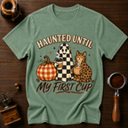 Haunted Until My First Cup Shirt, Retro Ghost Coffee Tee, Leopard Cat Halloween Shirt, Fall Coffee Lover Gift, Garment Dyed T-Shirt