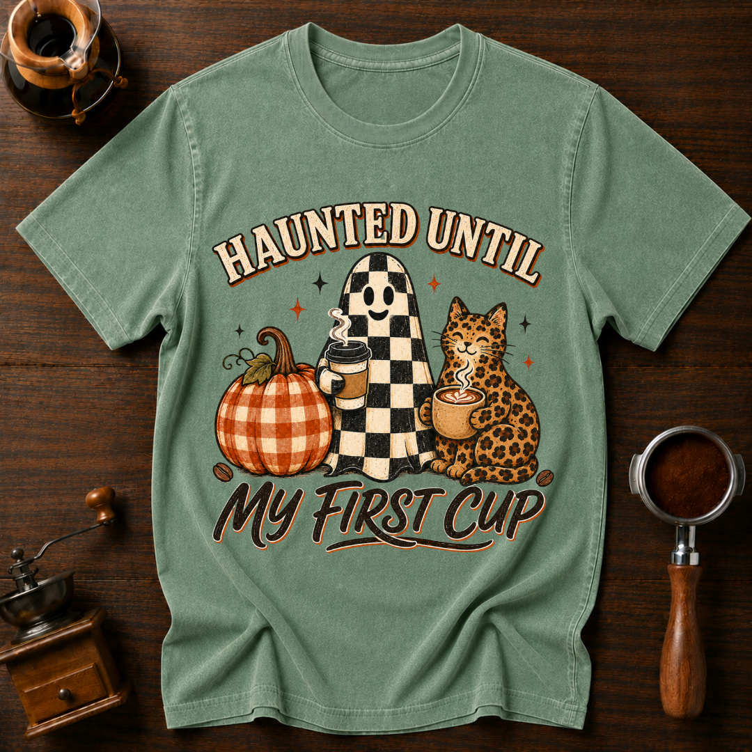 Haunted Until My First Cup Shirt, Retro Ghost Coffee Tee, Leopard Cat Halloween Shirt, Fall Coffee Lover Gift, Garment Dyed T-Shirt