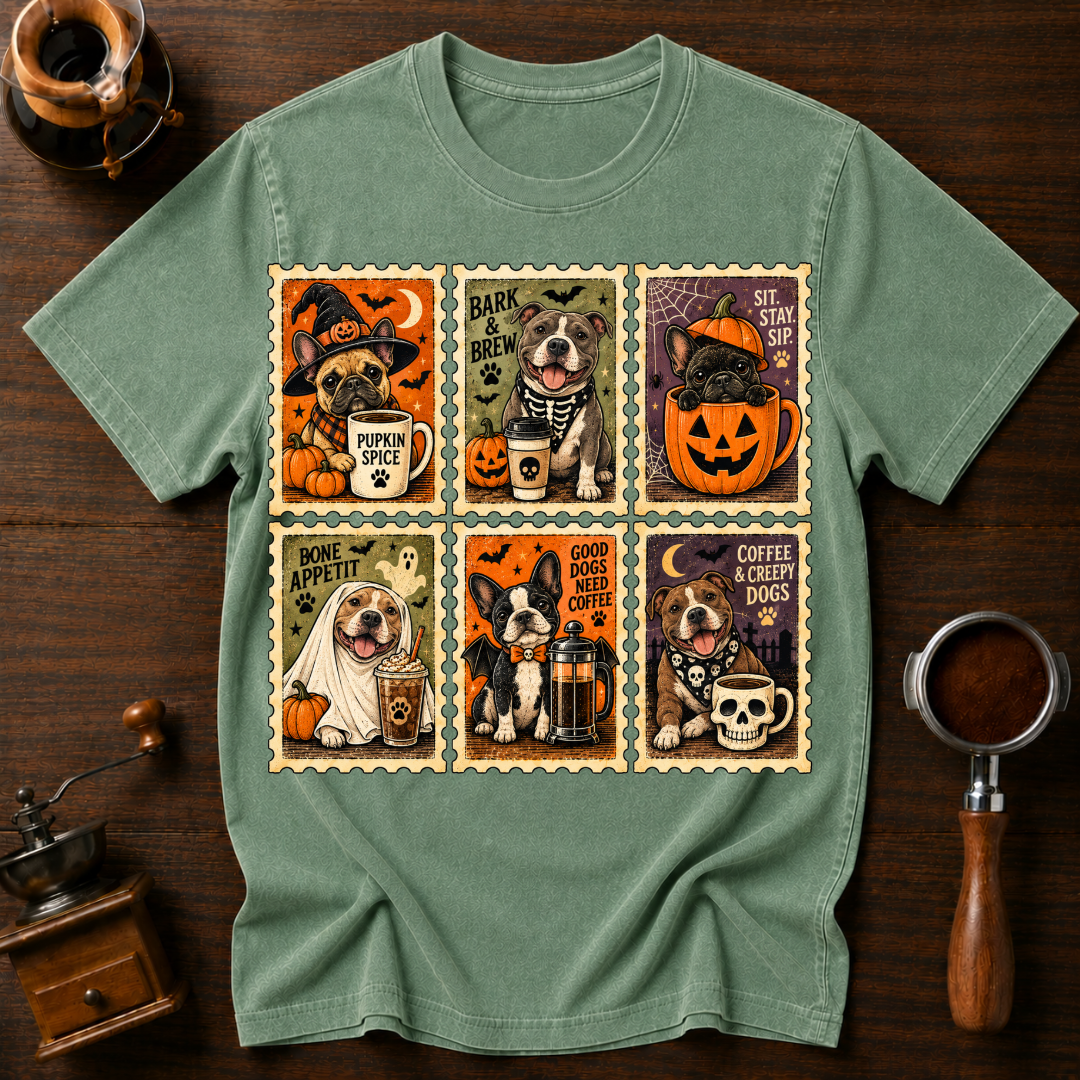 Coffee and Creepy Dogs Shirt, Vintage Halloween Dog Stamp Tee, Dog Mom Coffee Lover Gift, Spooky Dog Costume Shirt, Garment Dyed T-Shirt