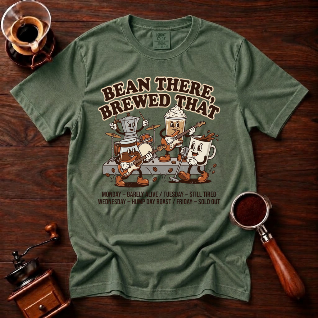 Bean There Brewed That Shirt, Funny Coffee Band Tee, Retro Cartoon Coffee Tour Shirt, Coffee Pun Gift, Vintage Garment Dyed T-Shirt