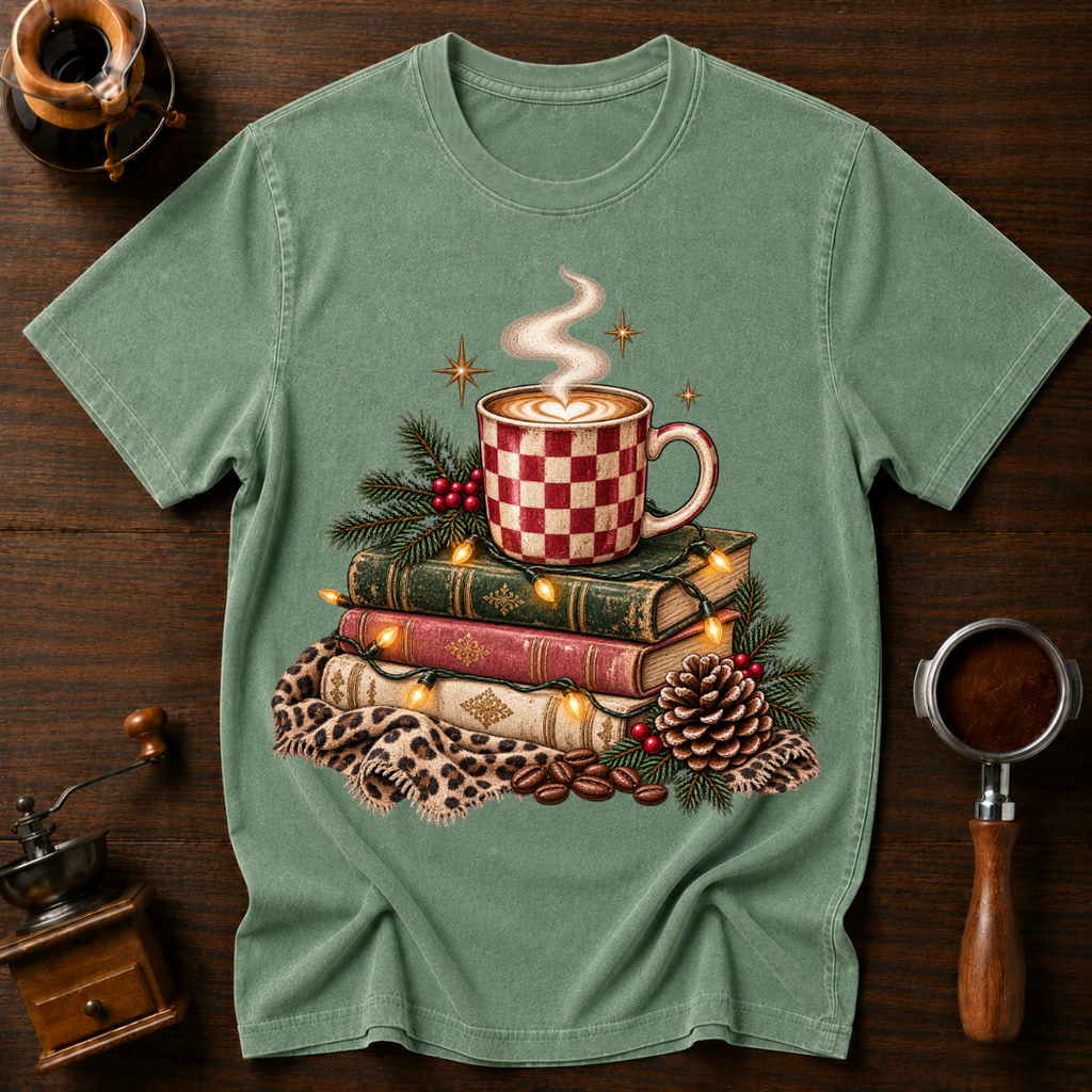 Christmas Coffee & Books Dyed T-shirt