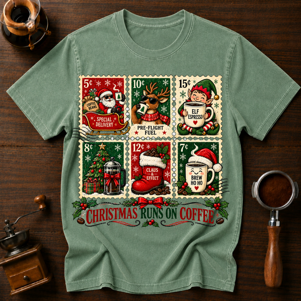 Christmas Runs On Coffee stamp Dyed T-shirt