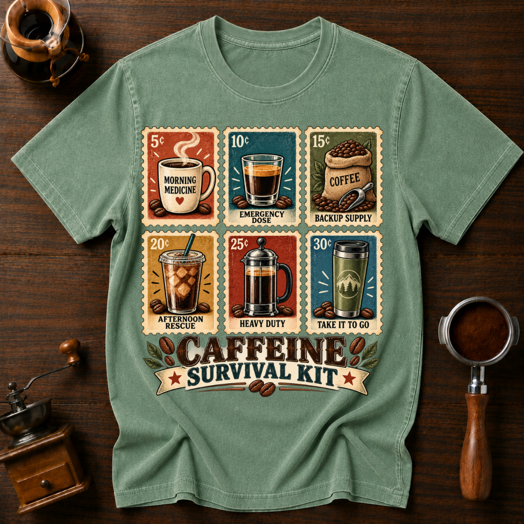 Caffeine Survival Kit Stamp Dyed T-shirt