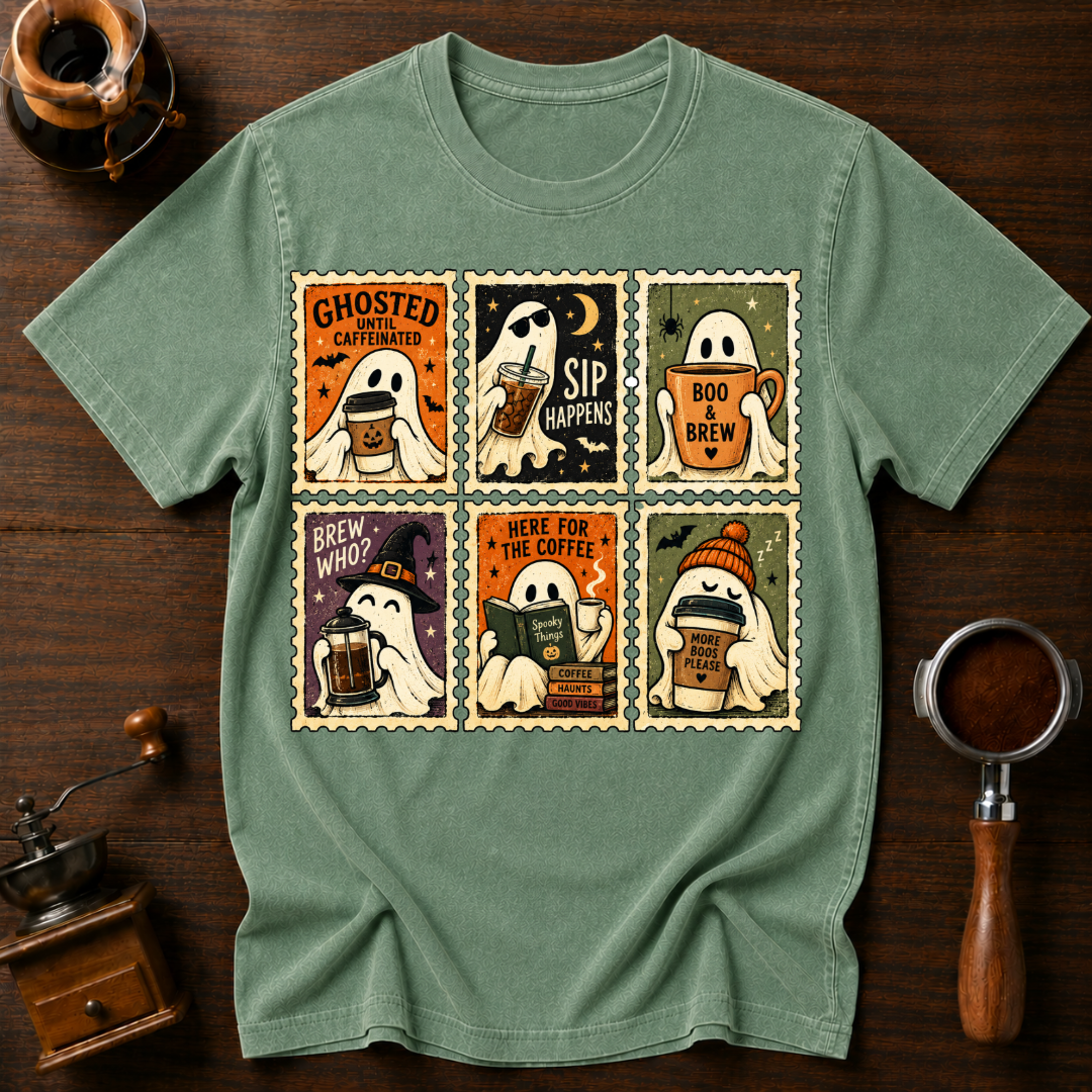 Ghosted Until Caffeinated Shirt, Vintage Ghost Stamp Tee, Halloween Coffee Lover Shirt, Retro Spooky Season Gift, Garment Dyed T-Shirt
