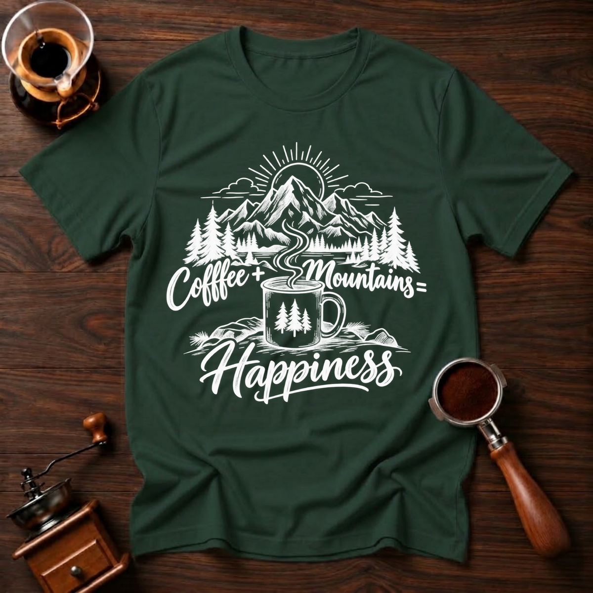 Coffee + Mountains = Happiness White Dyed T-shirt