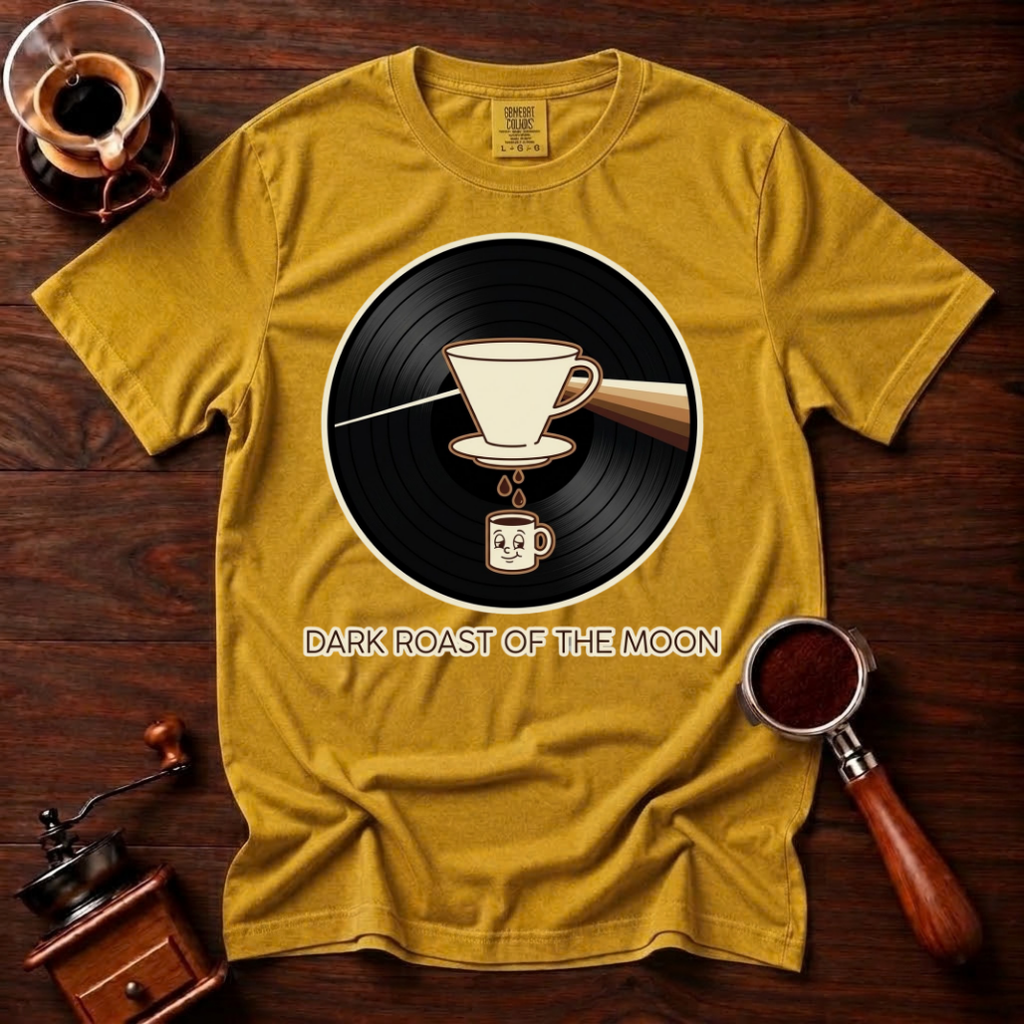 Dark Roast of the Moon Shirt, Pour Over Coffee Tee, 70s Classic Rock Coffee Shirt, Vinyl Record Coffee Lover Gift, Garment Dyed T-Shirt
